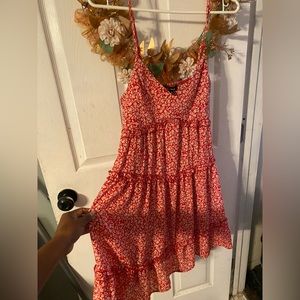 Short floral red dress with spaghetti straps